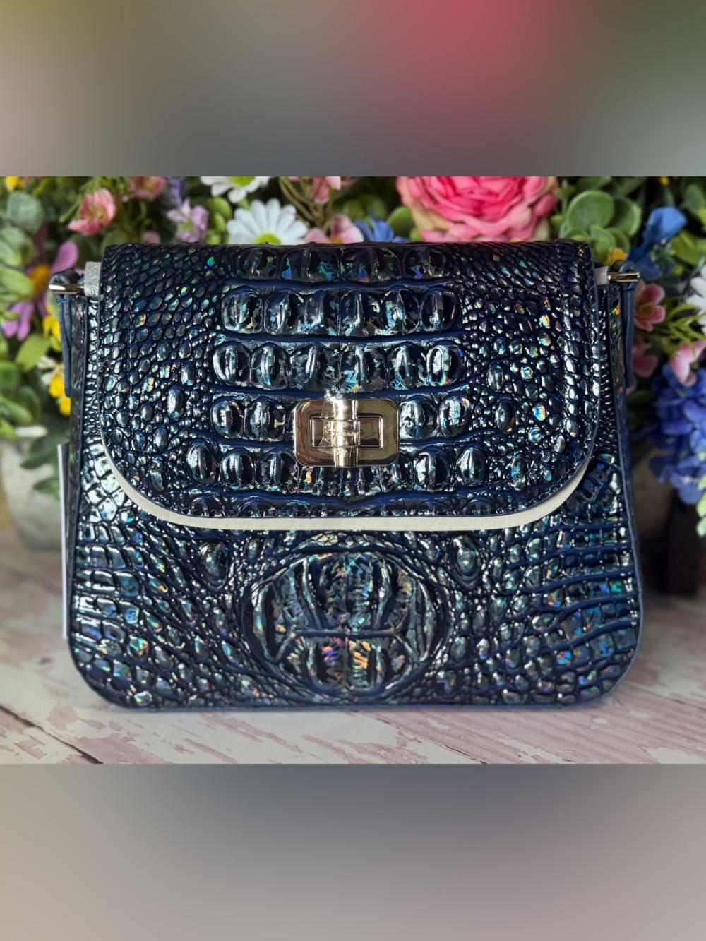 Brahmin Gianna Royal Blue Melbourne Leather Navy Holographic $315 NWT PRICE FIRM